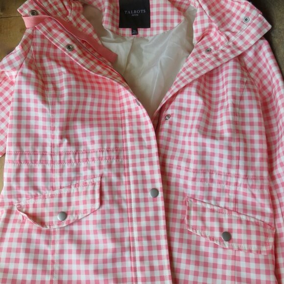 Talbots Pink Gingham Jacket with Hood Size Large Petite Raincoat - Picture 5 of 8